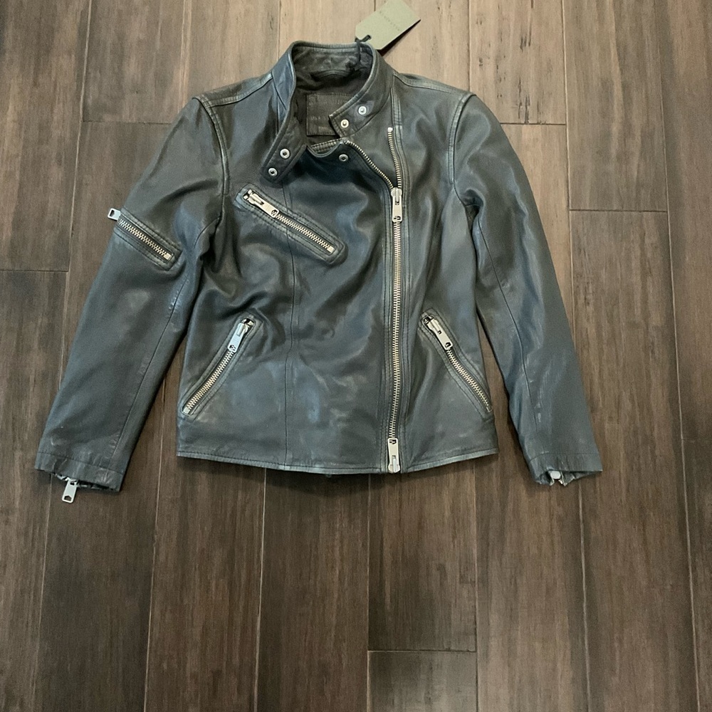 ALL SAINTS Women Grey Mast Distressed Leather Biker Jacket Size 2